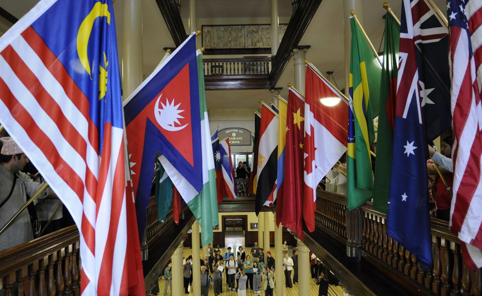 Image: Flags of the world hanging inside Jesse Hall.