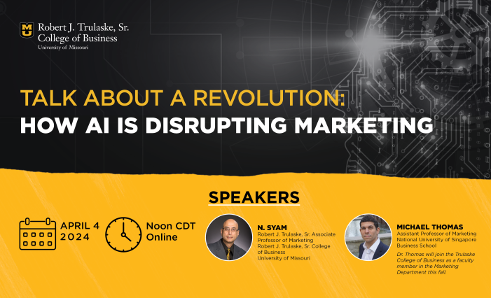 Black and gold image with an outline of a human profile. Title reads: TALK ABOUT A REVOLUTION: HOW AI IS DISRUPTING MARKETING. Date, Time, and speaker details are listed below.