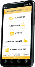 Graphic: Phone with Career Fair+ App on the screen.