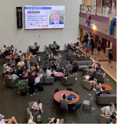 AOB guest speaker at atrium screen