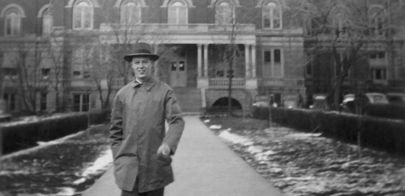 Image: Image of Bob Trulaske in front of Jesse Hall in 1940.