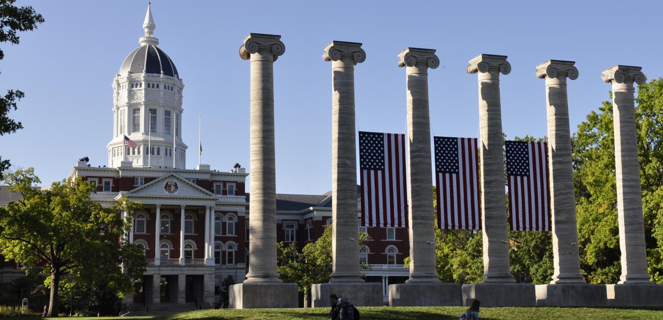 Jesse Hall and Columns with US Flags