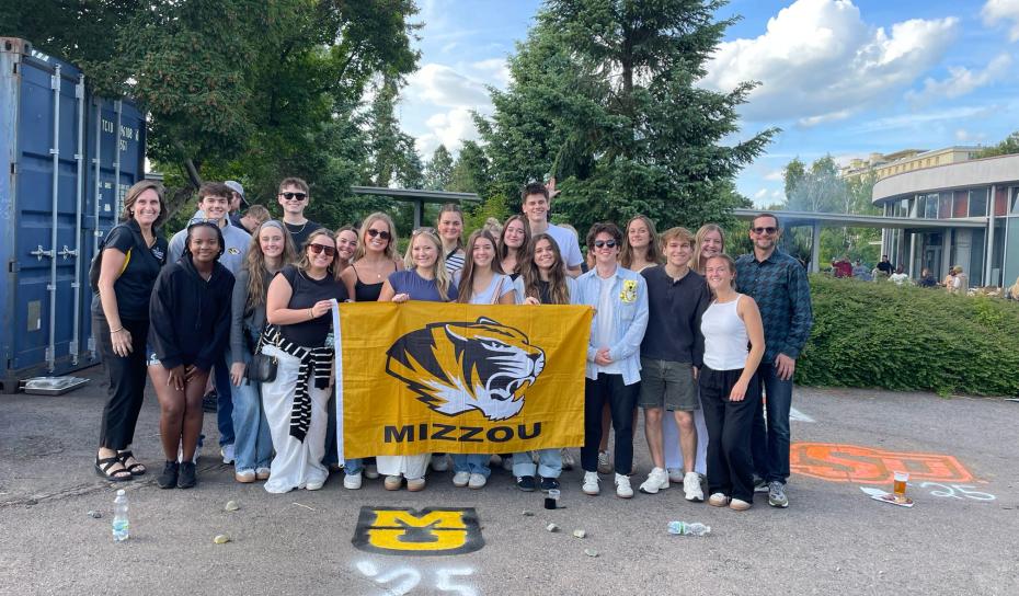 MU Interns in Prague Summer 2025 with MU flag 