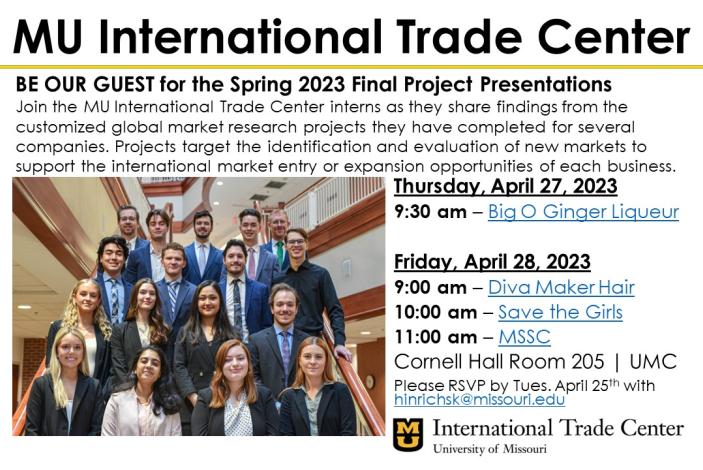 Pictured - Spring 2023 MU International Trade Center Interns - Sharing an invitation to you to join them