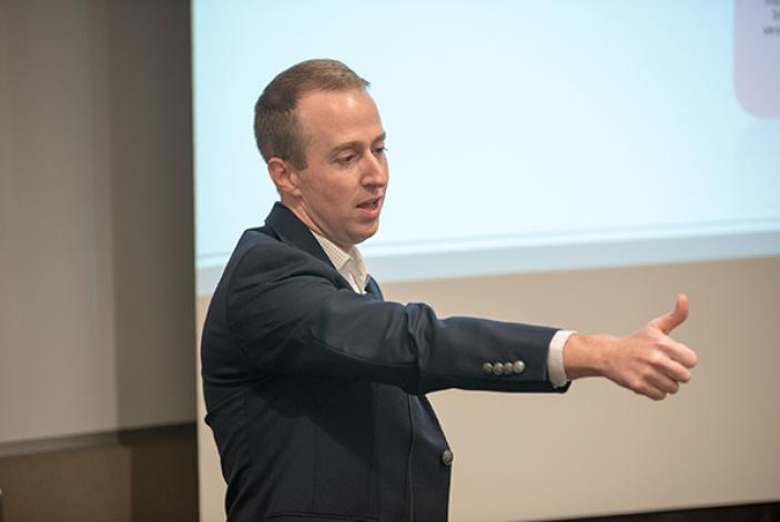 Image: Brady Hodges presenting his research on Research Day