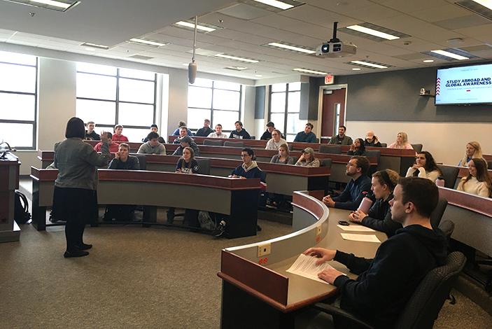 Image: Shannon Breske presents to students in Cornell Hall.