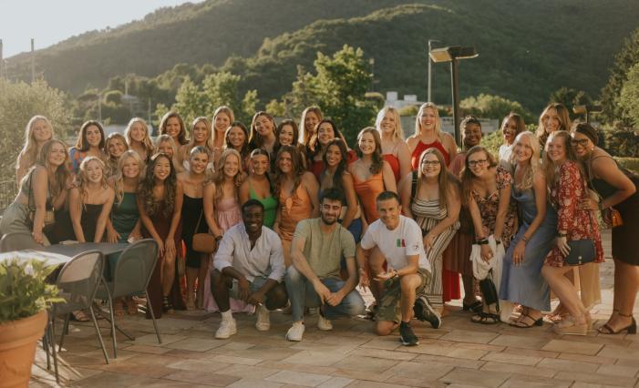 Students from both the University of Missouri and the University of Bergamo pose for a group photo at the final “castle party” held at Castello di Clanezzo 