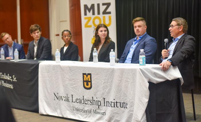 A panel of students from the Trulaske College of Businesses facilitated the discussion about leadership with Novak. 